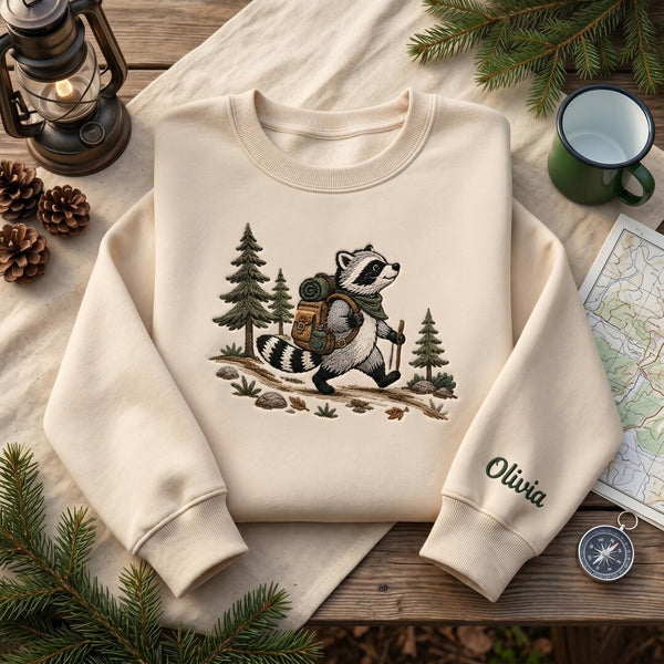 Personalized Hiking Raccoon Backpack Pine Trees Woodland embroidered sweatshirt — front view