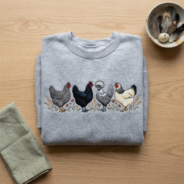 Chicken Lover Four Hens Wildflowers Cottagecore Farm embroidered hoodie — front view