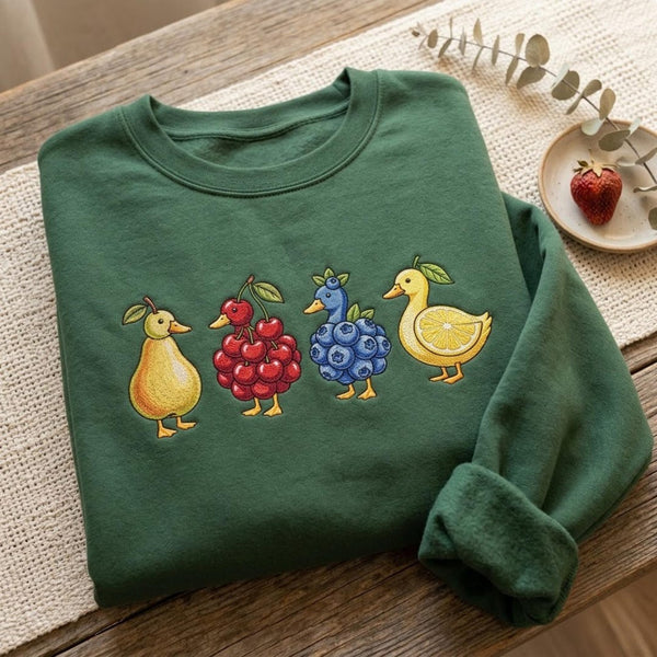 Fruit Duck Pear Cherry Blueberry Lemon Whimsical embroidered hoodie — front view