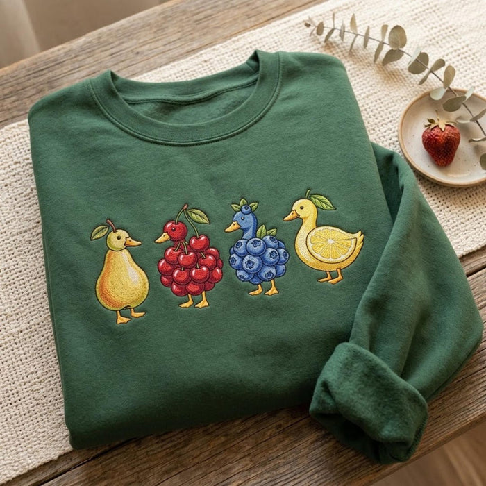 Fruit Duck Pear Cherry Blueberry Lemon Whimsical Embroidered Sweatshirt