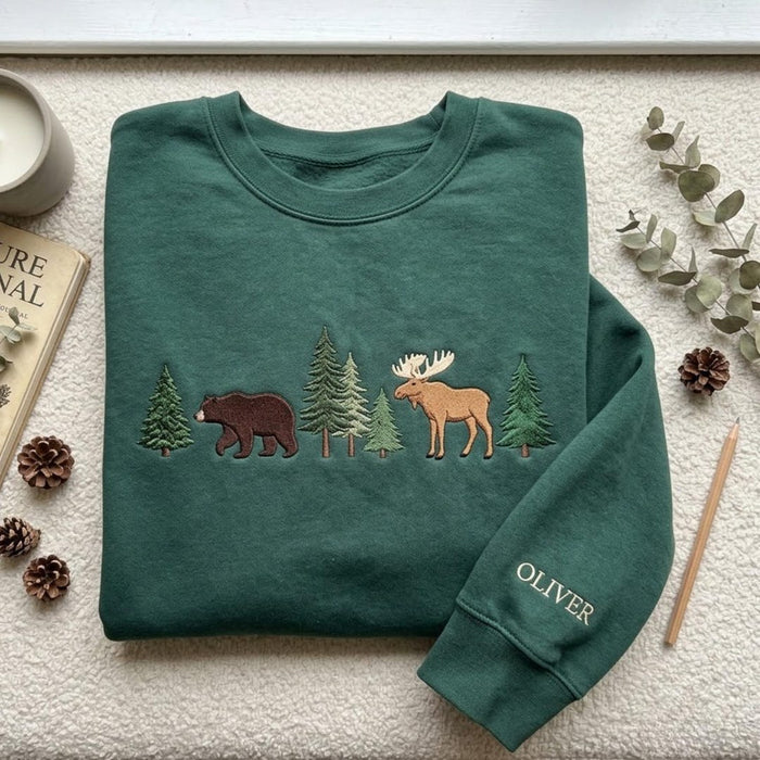 Personalized Bear Moose Pine Trees Forest Wildlife Scene Embroidered Sweatshirt