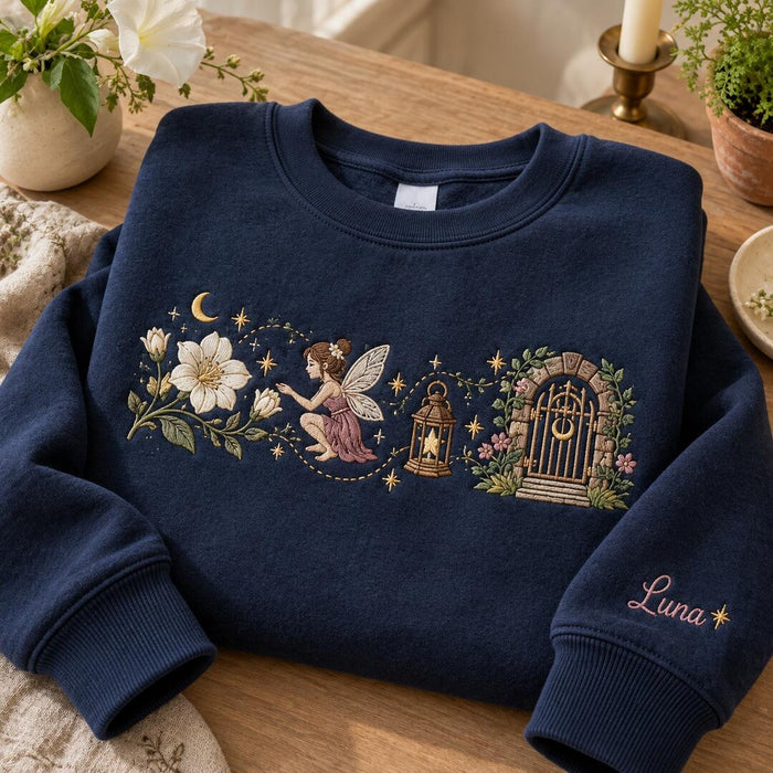 Personalized Fairy Secret Garden Gate Lantern Floral Moon Stars Cottagecore Embroidered Sweatshirt