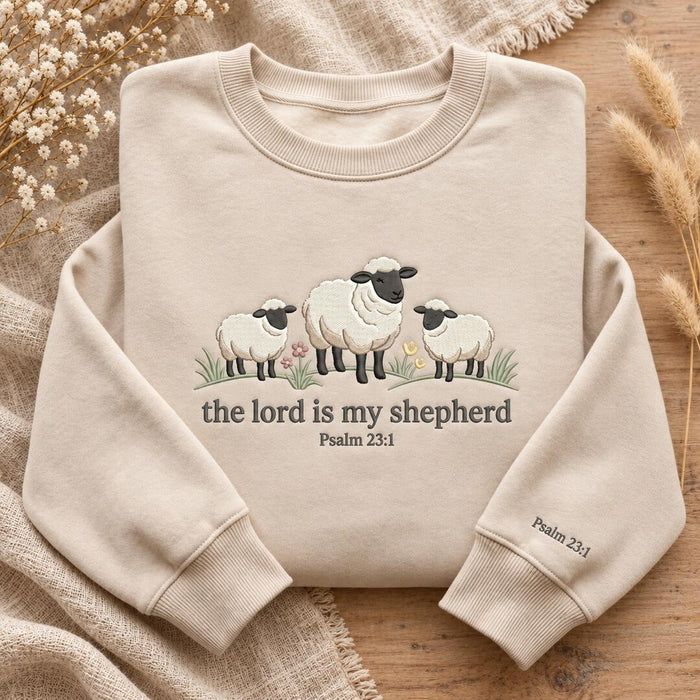 The Lord Is My Shepherd Psalm 23 Three Sheep Wildflowers Faith Embroidered Sweatshirt