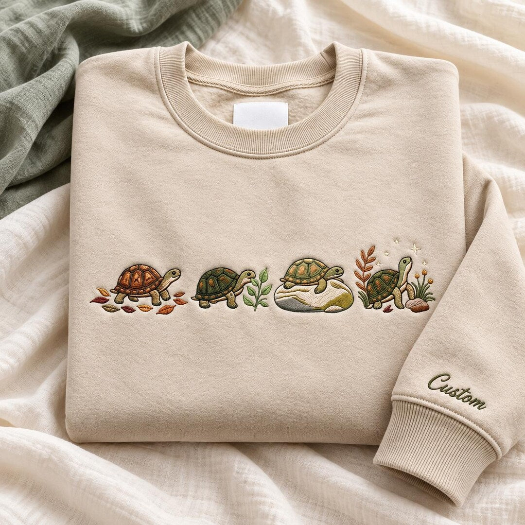 Personalized Four Turtles Nature Botanical Custom Name Sleeve embroidered sweatshirt — front view