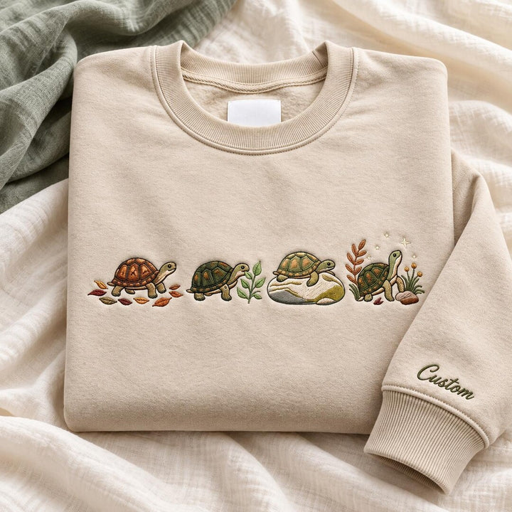 Personalized Four Turtles Nature Botanical Custom Name Sleeve embroidered sweatshirt — front view