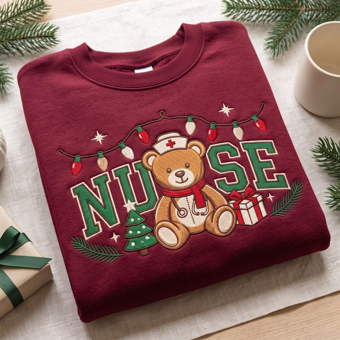 Christmas Nurse Teddy Bear Holiday Lights Festive Embroidered Sweatshirt