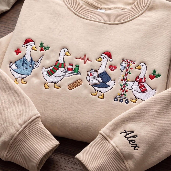 Personalized Christmas Nurse Healthcare Geese Santa Hat IV Pole Stethoscope Embroidered Sweatshirt