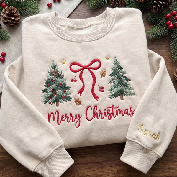 Personalized Merry Christmas Evergreen Trees Red Bow Holly Berries Stars embroidered sweatshirt — front view