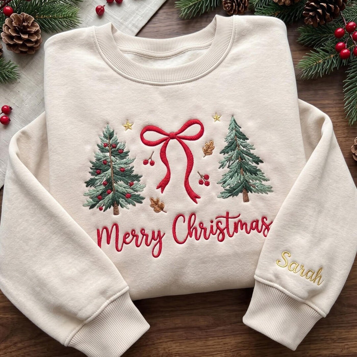 Personalized Merry Christmas Evergreen Trees Red Bow Holly Berries Stars Embroidered Sweatshirt
