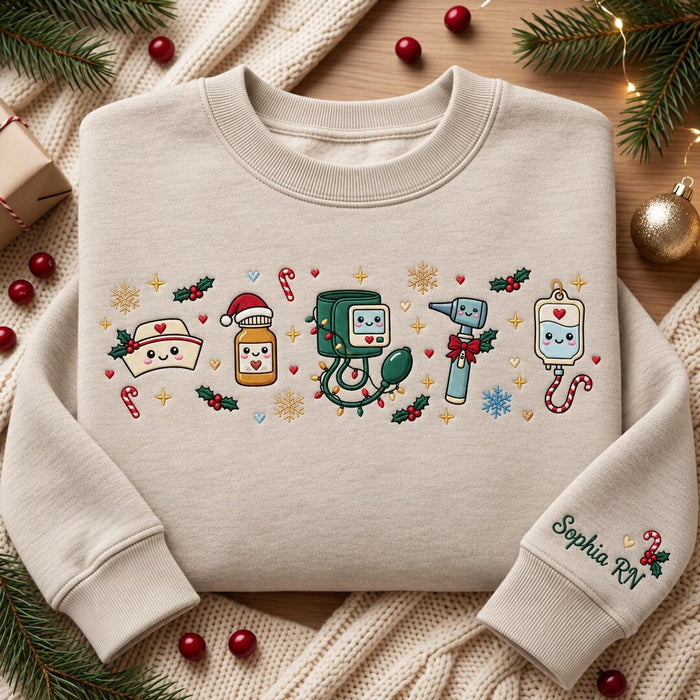 Personalized Christmas Nurse Medical Tools Kawaii Blood Pressure Cuff IV Bag Custom Name Sleeve Embroidered Sweatshirt