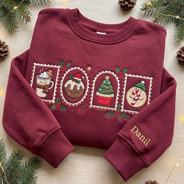 Personalized Christmas Postage Stamp Hot Cocoa Pudding Cupcake Cookie Custom Name Sleeve embroidered sweatshirt — front view