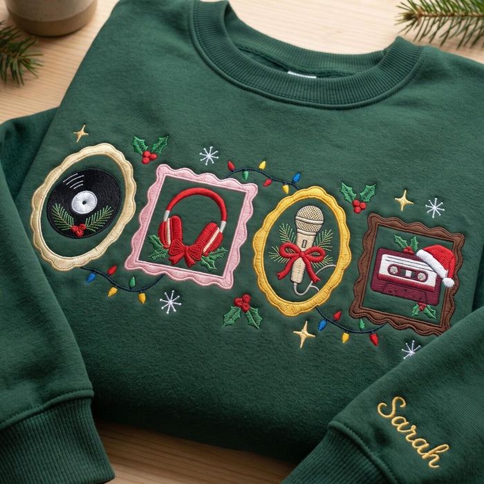 Personalized Christmas Retro Music Vinyl Record Headphones Microphone Cassette Frames Embroidered Sweatshirt