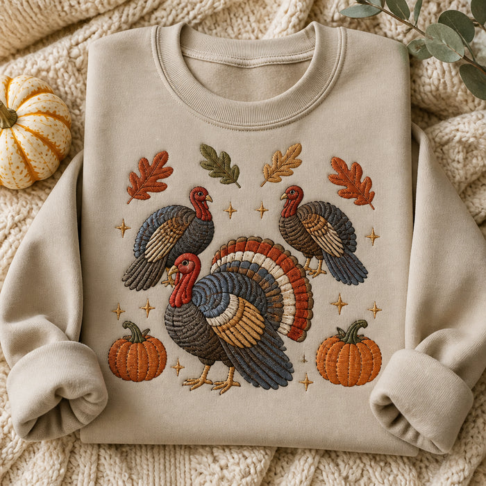 Cozy Turkey Trio Harvest Scene Thanksgiving Embroidered Sweatshirt