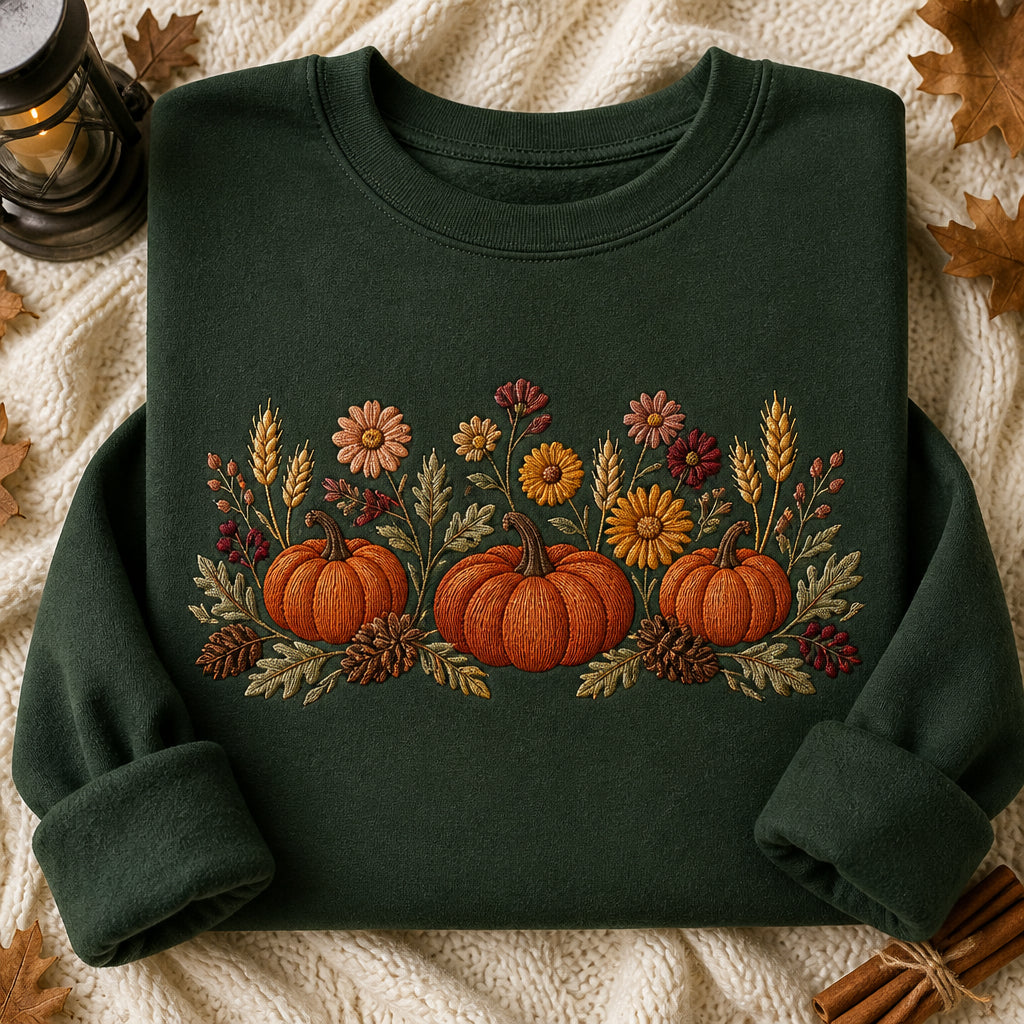 Harvest Pumpkin Trio Floral Scene Fall Botanical embroidered sweatshirt — front view