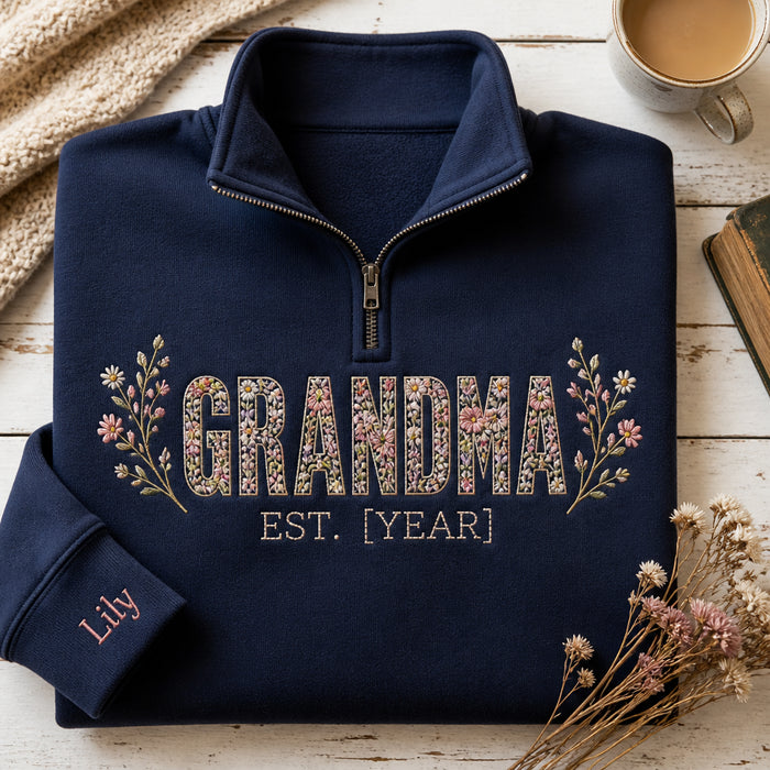 Personalized Grandma EST Year Wildflower Garden Embroidered Quarter-Zip