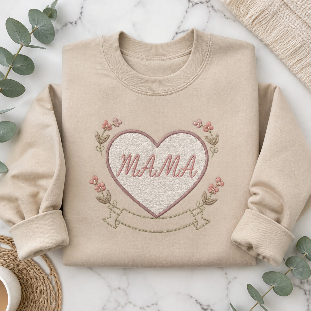 Mama Floral Heart Script embroidered sweatshirt — front view