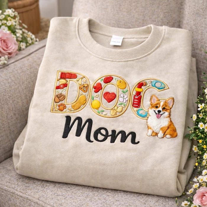 Personalized Corgi Dog Mom Floral Letter Fill Embroidered Sweatshirt