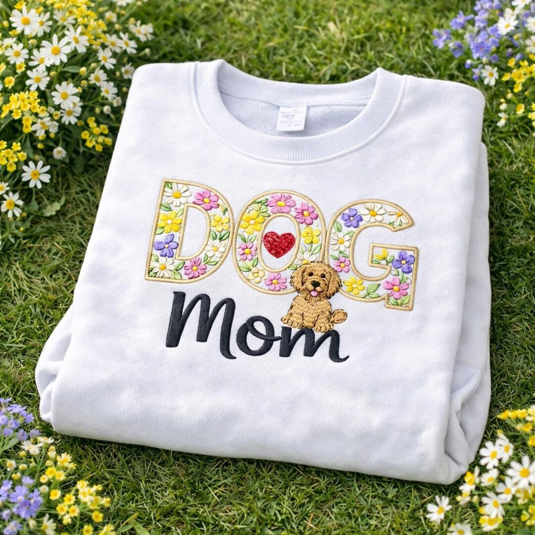 Dog Mom Floral Letters Goldendoodle Puppy embroidered sweatshirt — front view