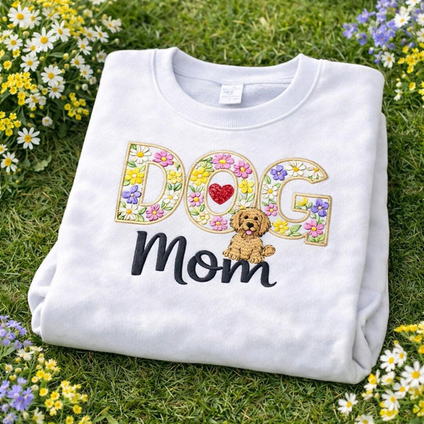 Dog Mom Floral Letters Goldendoodle Puppy embroidered sweatshirt — front view