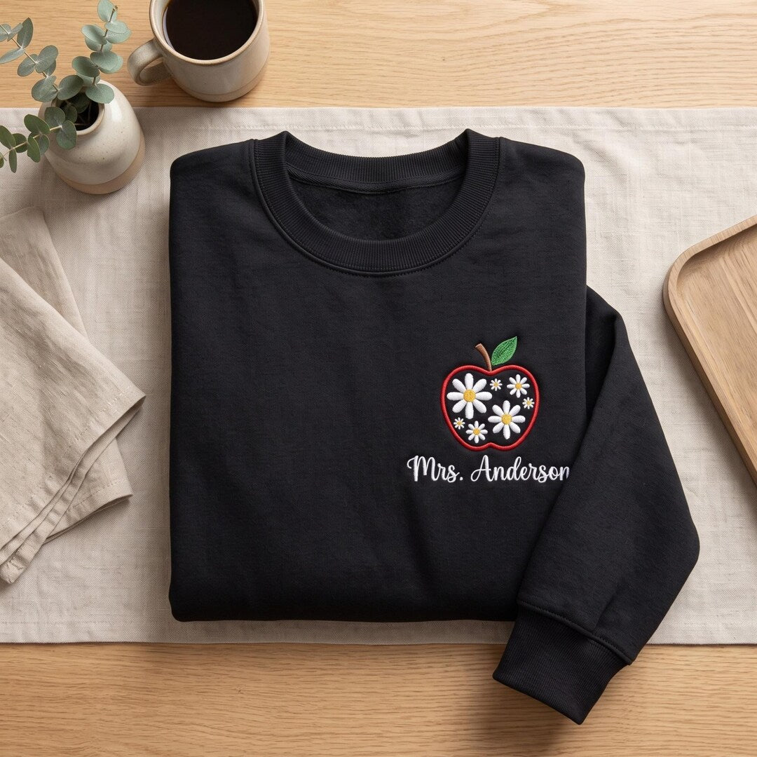 Personalized Teacher Name Floral Daisy Apple Left Chest embroidered sweatshirt — front view