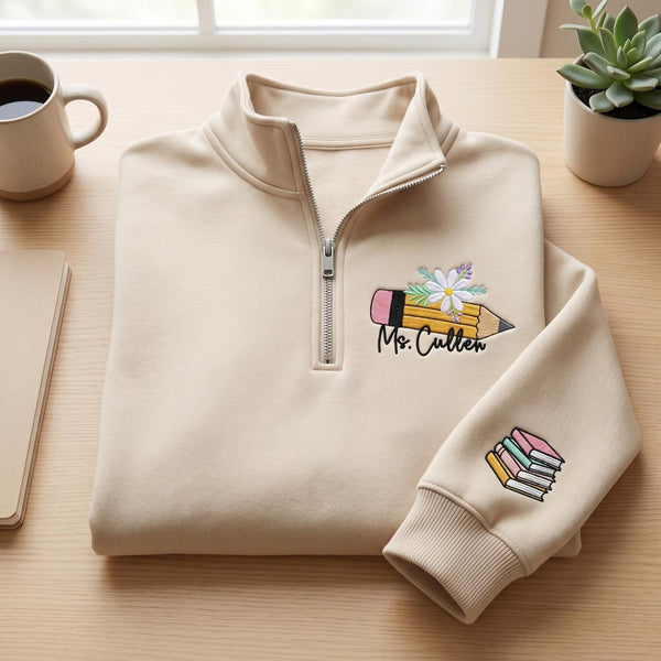 Personalized Teacher Floral Pencil Stack Books Sleeve embroidered sweatshirt — front view