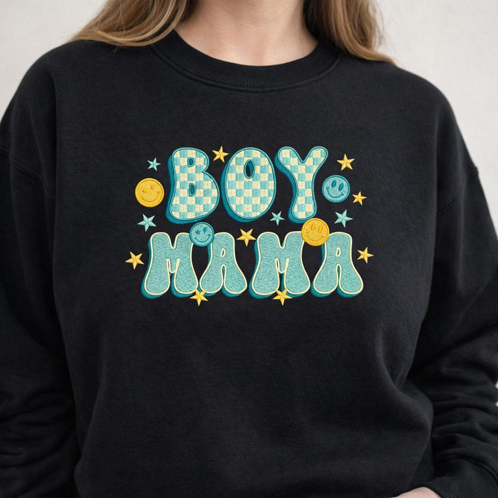 Boy Mama Retro Checkered Smiley Stars embroidered sweatshirt — front view