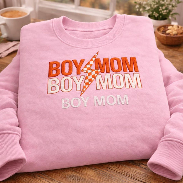 Boy Mom Lightning Bolt Checkered Retro Stack embroidered sweatshirt — front view