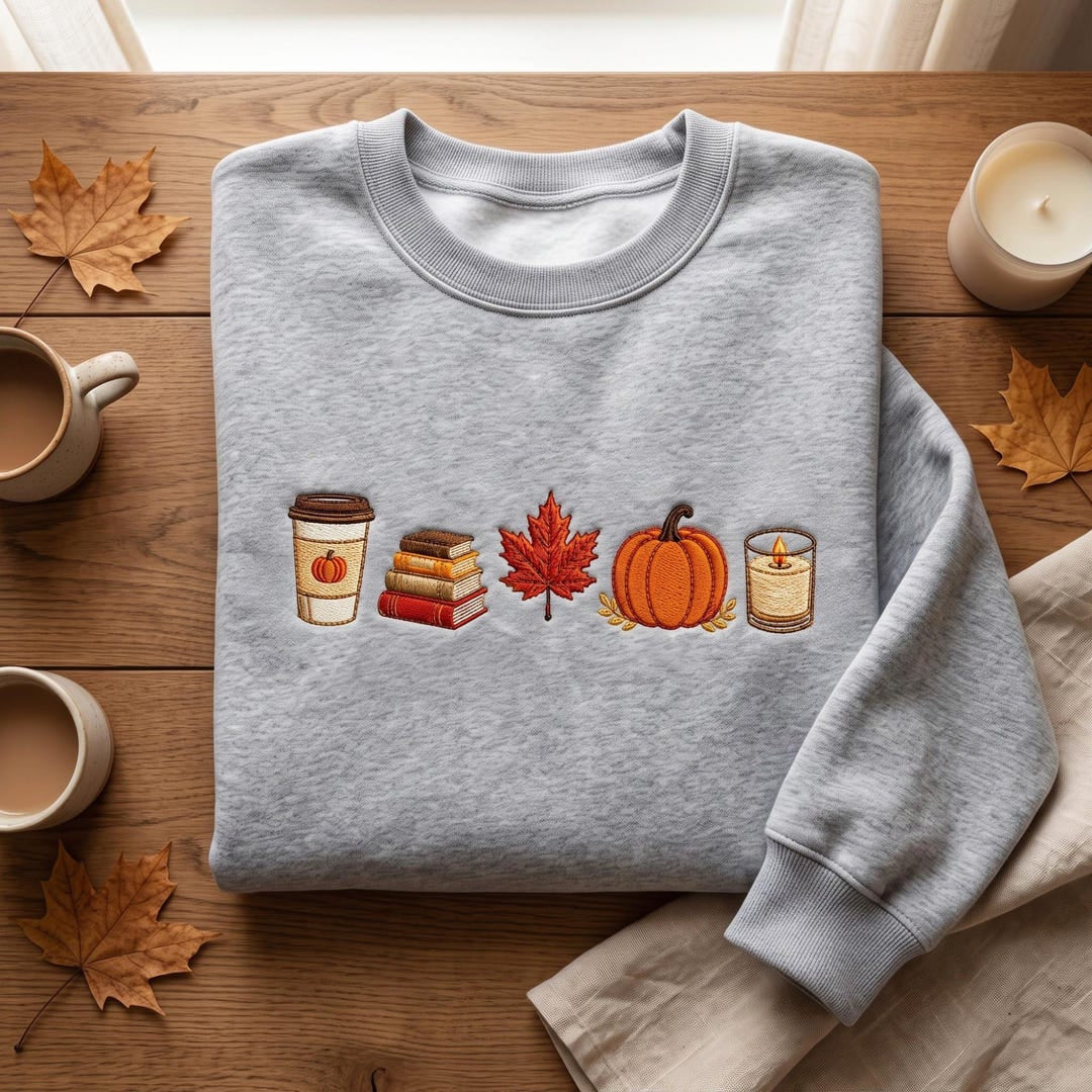 Fall Favorites Coffee Cup Books Maple Leaf Pumpkin Candle embroidered sweatshirt — front view