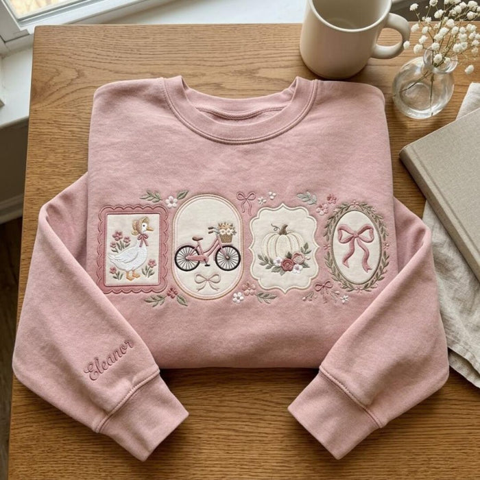 Personalized Cottagecore Goose Bicycle Pumpkin Bow Four Panels Cuff Name Embroidered Sweatshirt