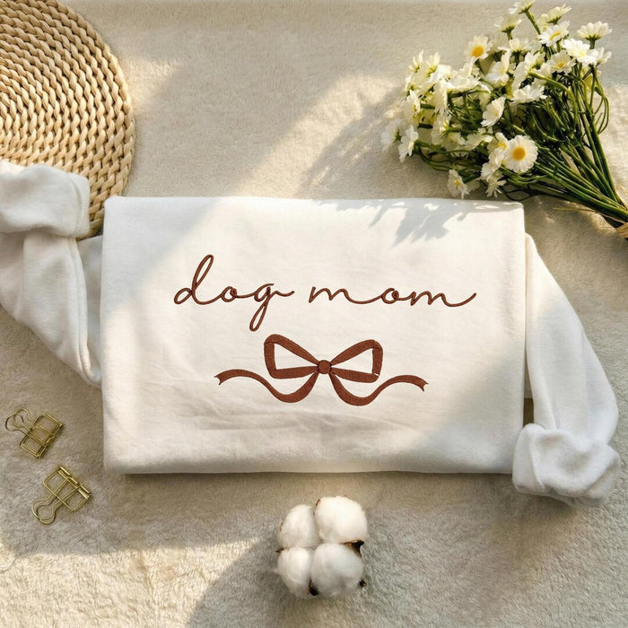 Dog Mom Coquette Bow Script Embroidered Sweatshirt