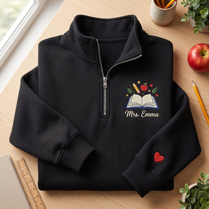 Personalized Teacher Open Book Apple Pencil Left Chest Embroidered Quarter-Zip