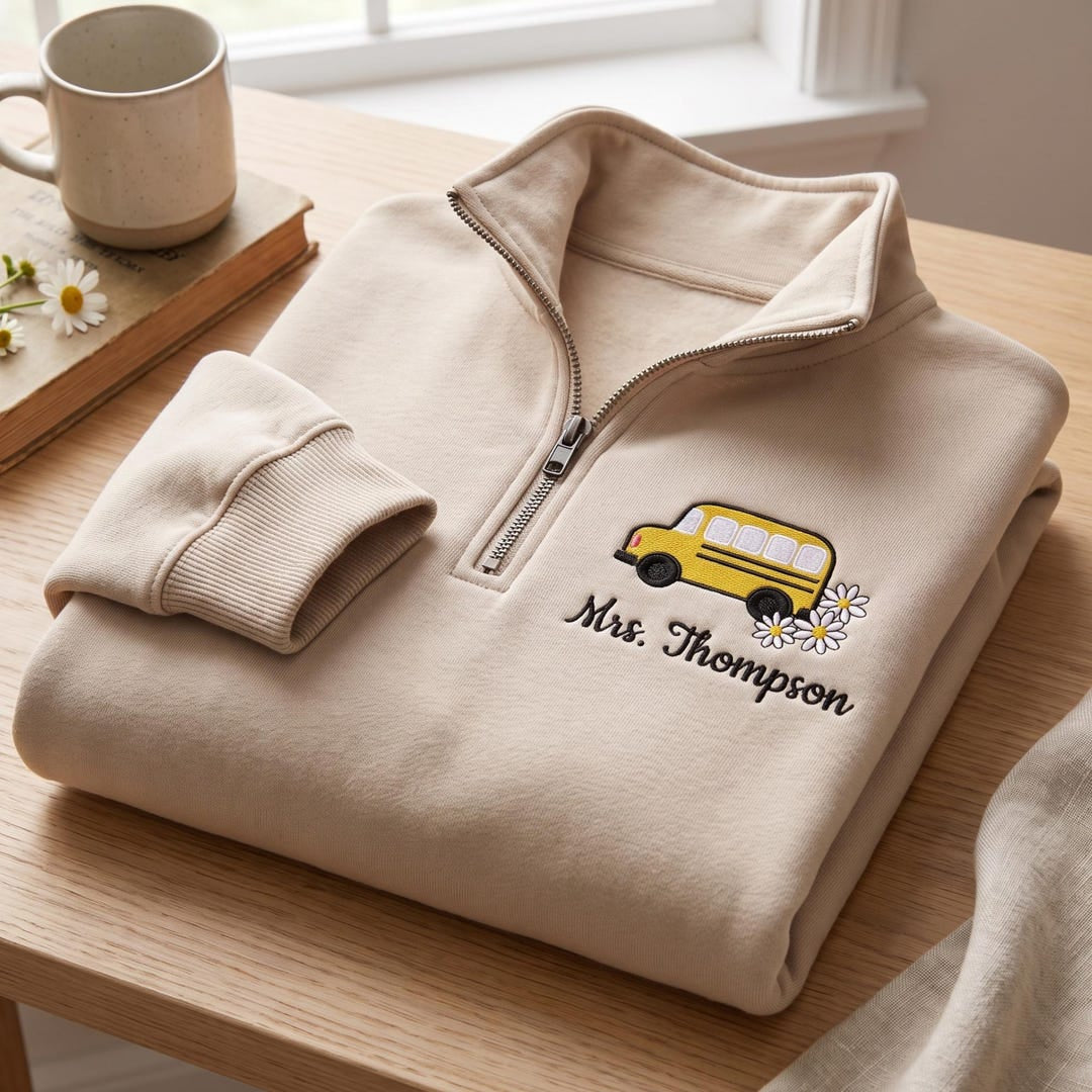 Personalized School Bus Daisy Flowers Teacher Name embroidered sweatshirt — front view