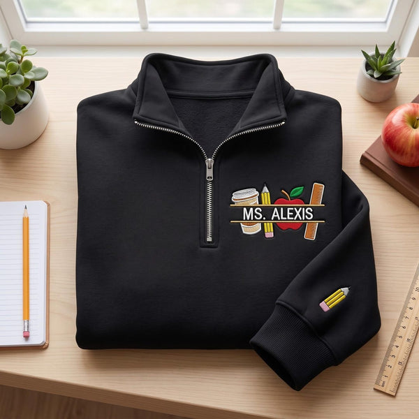 Personalized Teacher Name Coffee Apple Pencil Ruler embroidered sweatshirt — front view