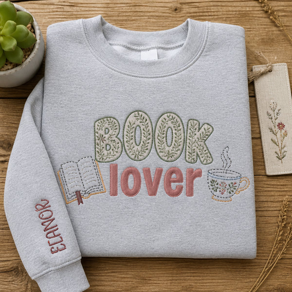 Personalized Book Lover Botanical Arch embroidered sweatshirt — front view