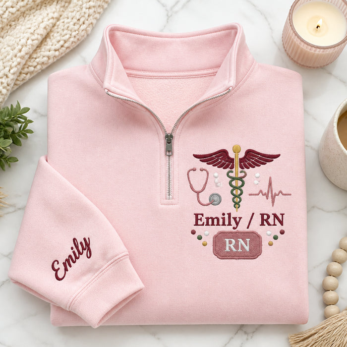 Personalized Nurse Caduceus Stethoscope Heartbeat Embroidered Quarter-Zip