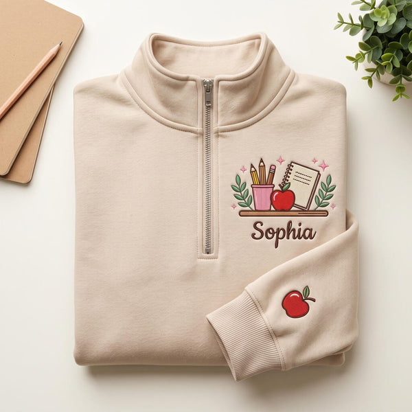 Personalized Teacher Apple Pencil Cup Notebook Shelf Left Chest Sleeve Apple embroidered sweatshirt — front view