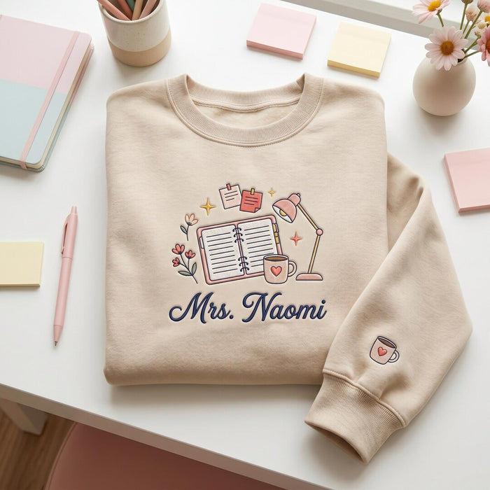 Personalized Teacher Name Notebook Desk Lamp Coffee Mug Floral Embroidered Sweatshirt