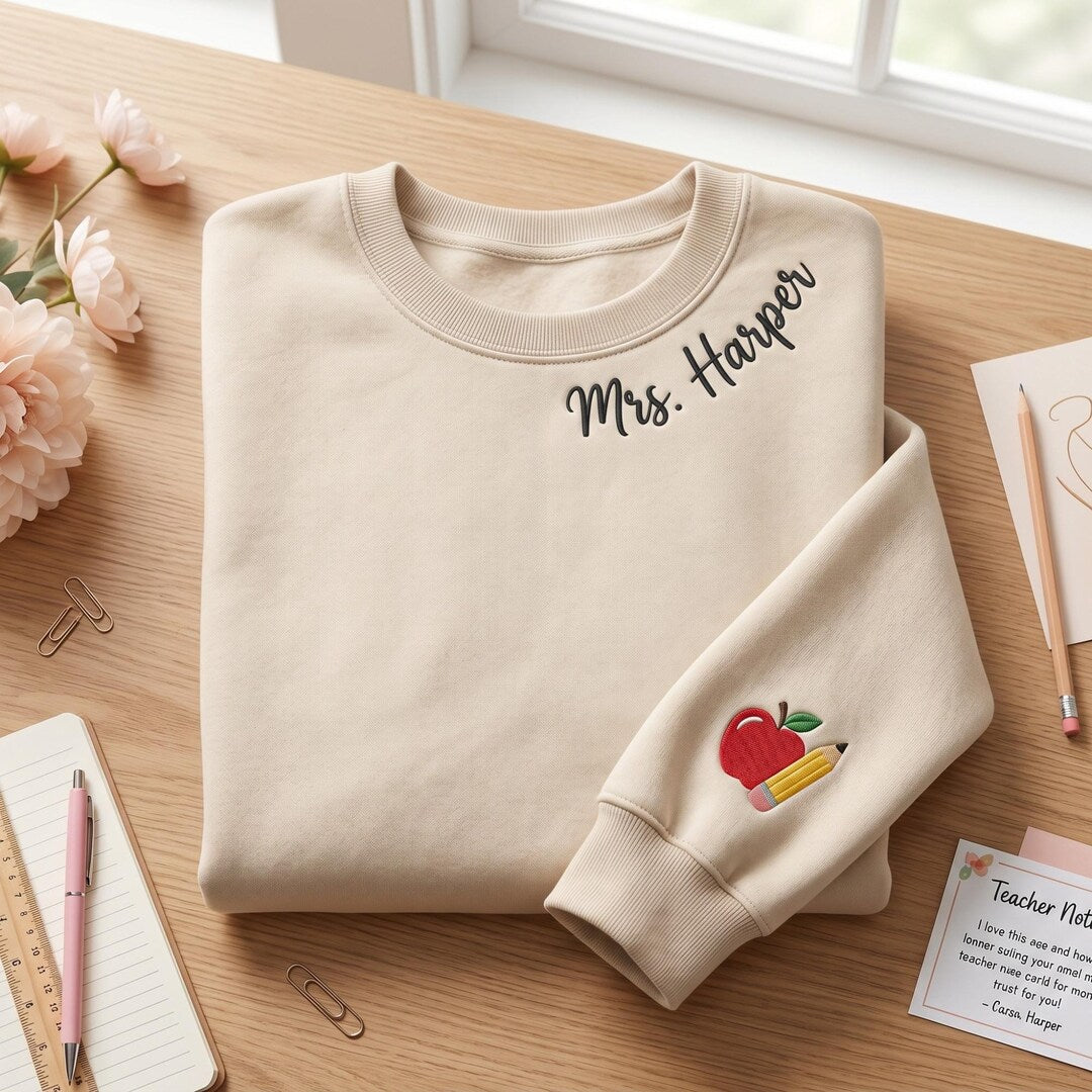 Personalized Teacher Name Collar Apple Pencil Sleeve embroidered sweatshirt — front view