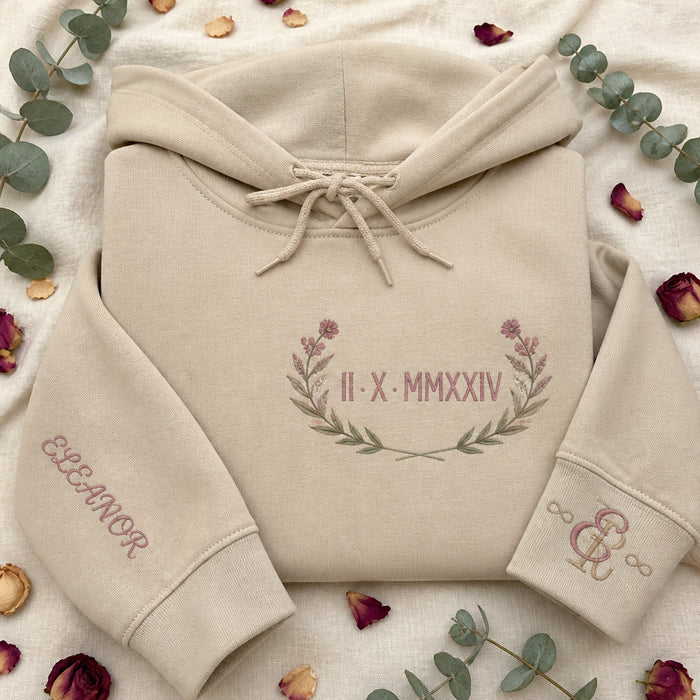 Personalized Roman Numeral Anniversary Date Couples Embroidered Hoodie