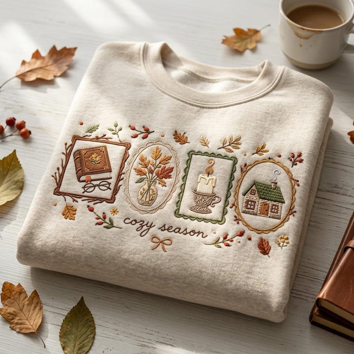 Cozy Season Fall Cottage Book Candle Autumn Leaves Vintage Frames Embroidered Sweatshirt