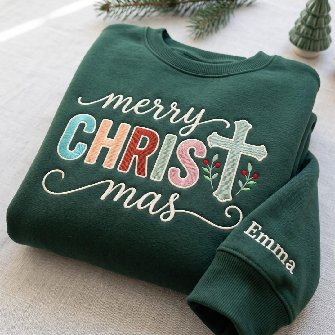Personalized Merry Christmas Christian Cross Pastel Letters Custom Name Sleeve embroidered sweatshirt — front view