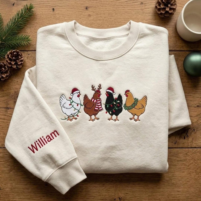 Personalized Christmas Chickens Santa Hat Reindeer Lights Wreath Custom Name Sleeve Embroidered Sweatshirt