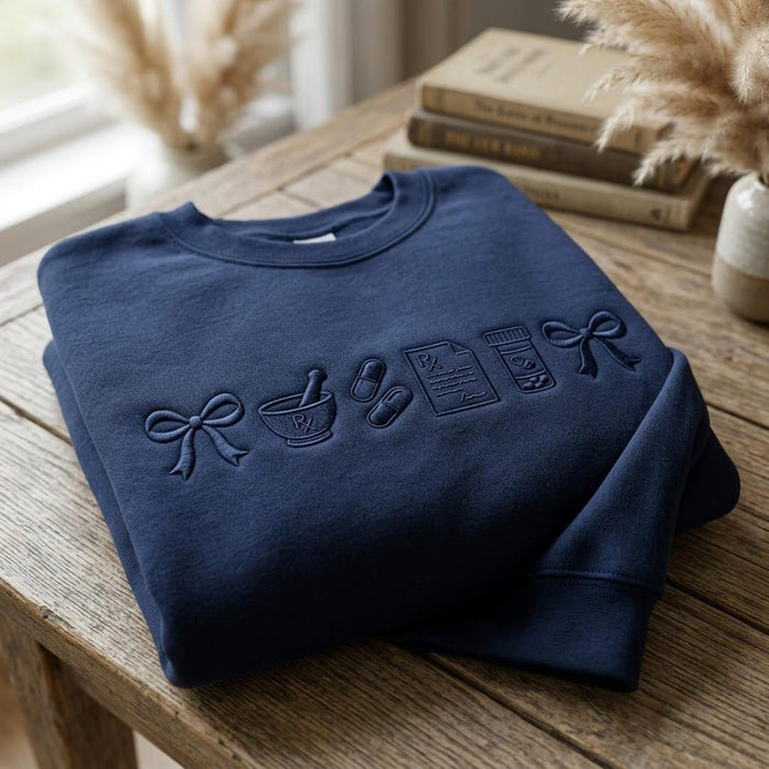 Pharmacist Pharmacy Tech Coquette Bow Mortar Pestle Rx Pill Bottle Capsule Embroidered Sweatshirt