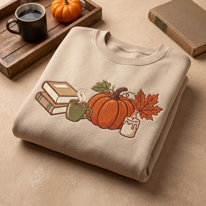 Fall Pumpkin Books Coffee Candle Maple Leaf Cozy Autumn embroidered sweatshirt — front view