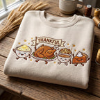 Thankful Thanksgiving Turkey Mashed Potato Stuffing Pie Kawaii Characters embroidered sweatshirt — front view