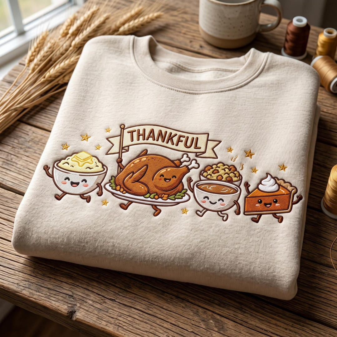 Thankful Thanksgiving Turkey Mashed Potato Stuffing Pie Kawaii Characters embroidered sweatshirt — front view