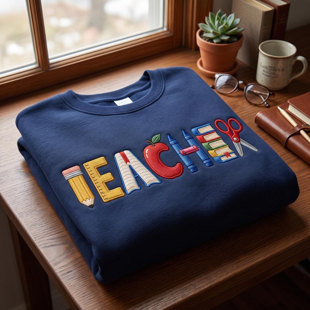 Personalized Teacher Apple Pencil Book Crayon Scissors School embroidered sweatshirt — front view