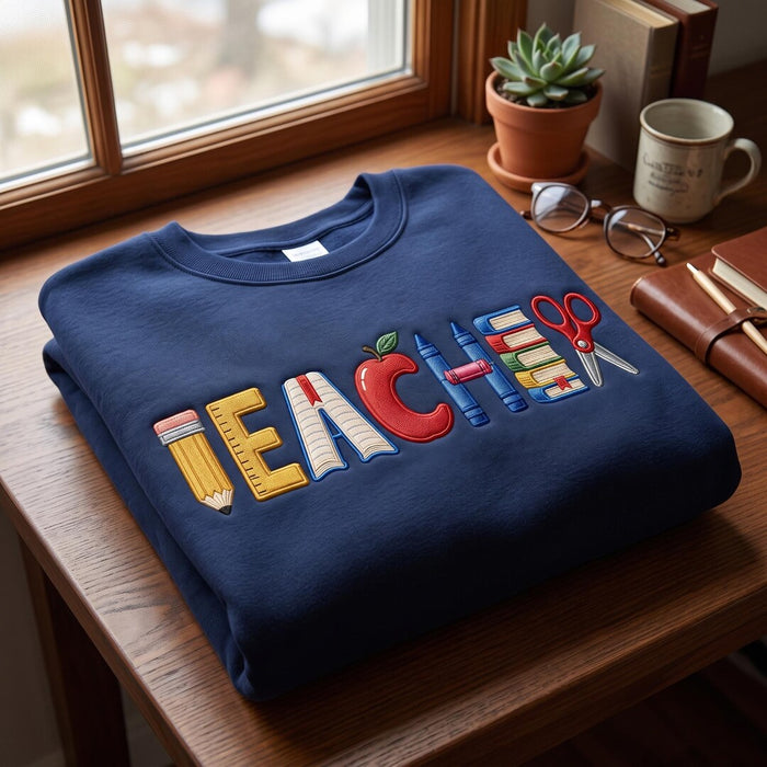 Personalized Teacher Apple Pencil Book Crayon Scissors School Embroidered Sweatshirt