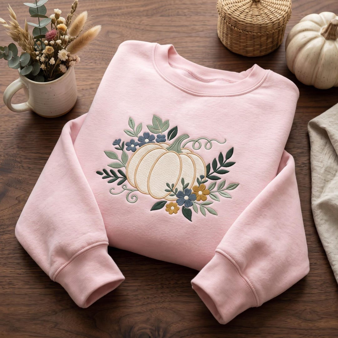 Fall Floral Pumpkin Botanical Leaves Wildflowers embroidered sweatshirt — front view