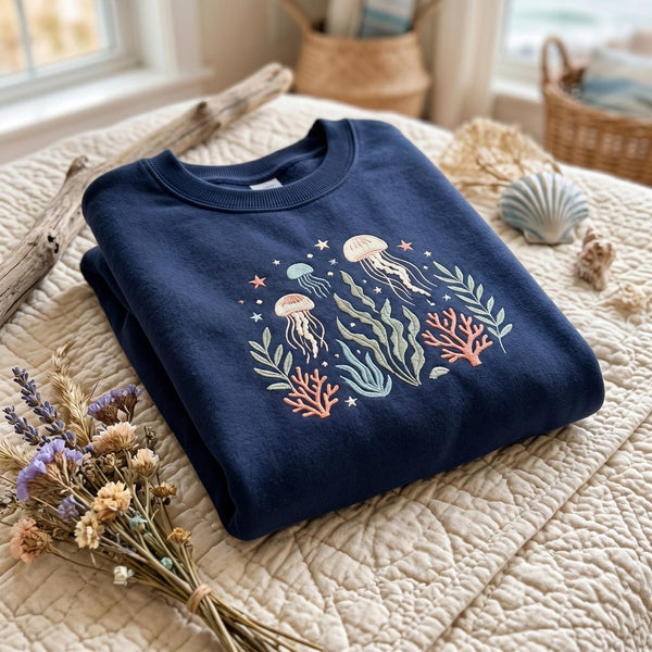 Jellyfish Coral Reef Ocean Botanical Coastal embroidered sweatshirt — front view